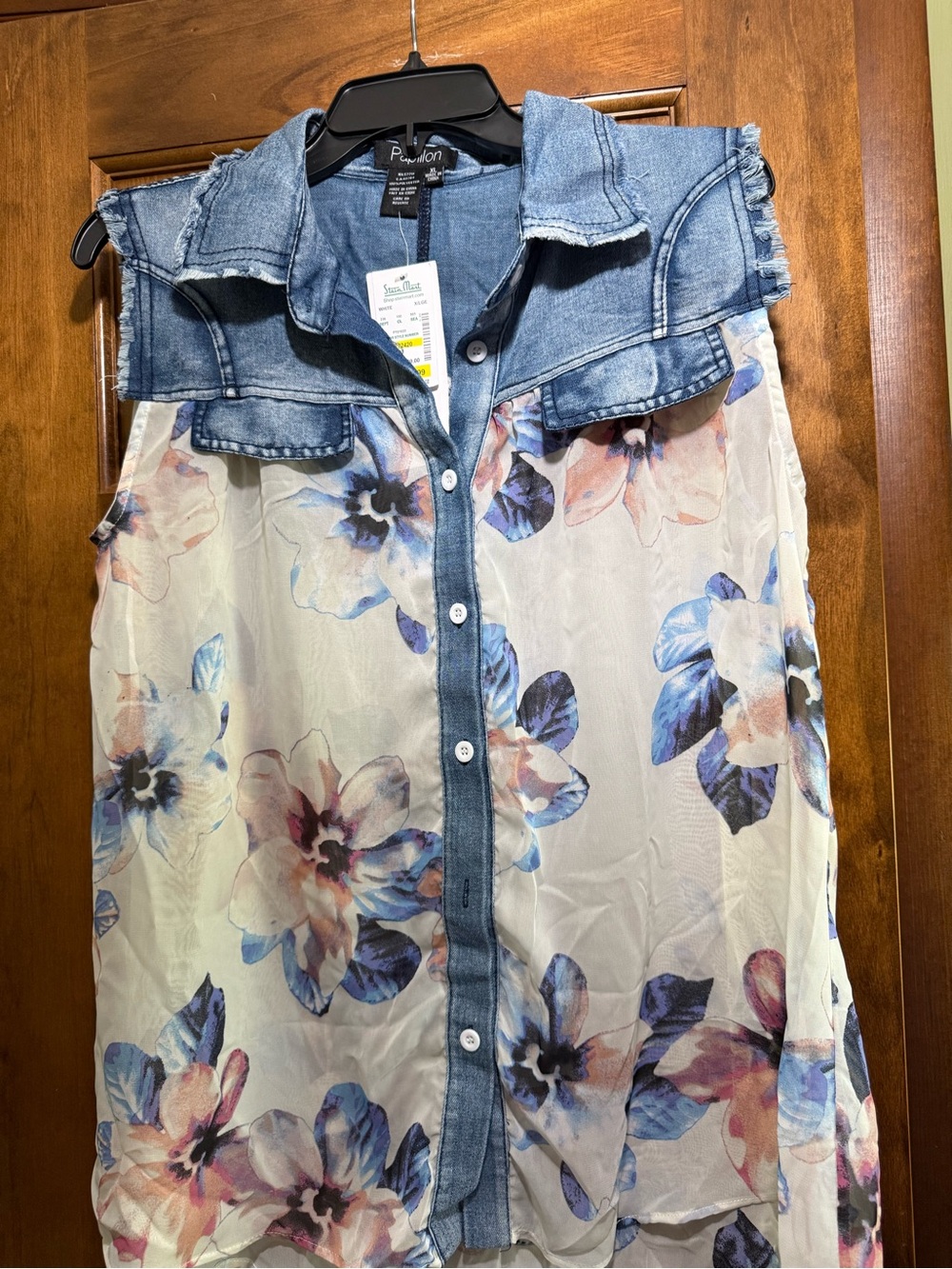 Papillon Blanc White Floral Skirt with Blue Denim Trim